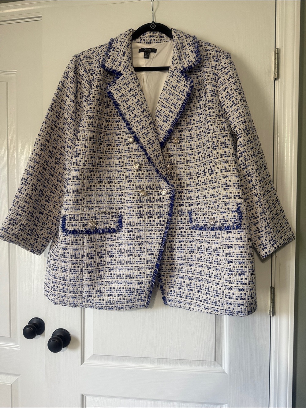 Dennis by Dennis Basso Blue & White Tweed Double-Breasted Blazer Size 28W